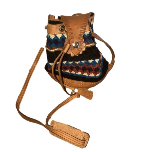 Vintage Handbags - Vtg Mexican Leather Crochet Knit Crossbody Mini Bucket Bag Drawstring Button 70s